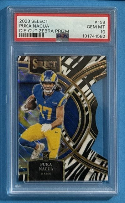 2023 Puka Nacua — Select Premier Level [Die-Cut Zebra Prizm] — PSA 10 — front — Inventory P708-D