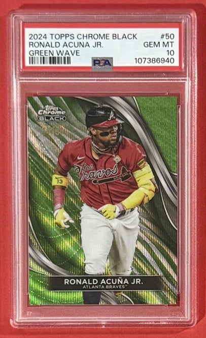 2024 Ronald Acuna Jr. — Topps Chrome Black Base [Green Wave Refractor] — PSA 10 — front — Inventory P710-A