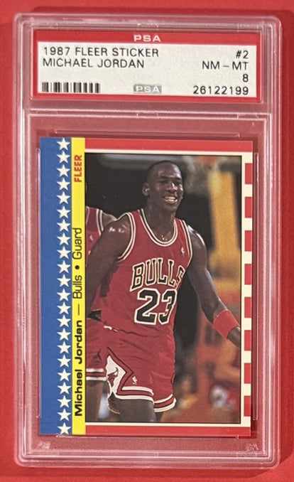 1987 Michael Jordan — Fleer Stickers Sticker [Base] — PSA 8 — front — Inventory P711-A