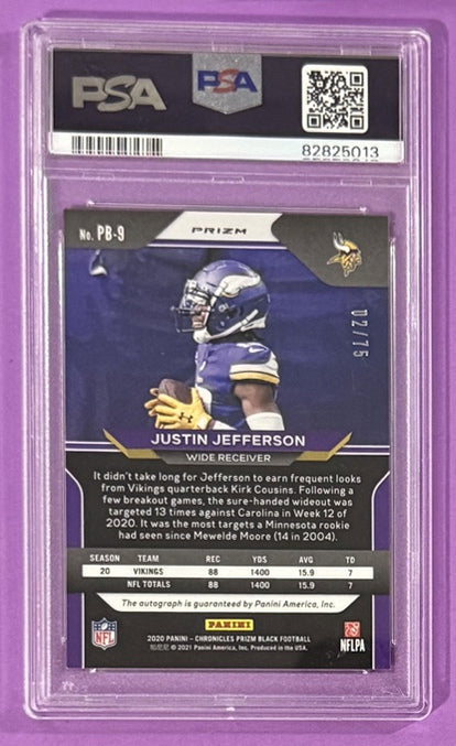 2020 Justin Jefferson — Chronicles Prizm Black Signatures [Orange] — PSA 9 — back — Inventory P715-A