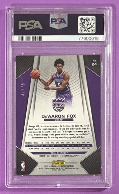2017 De'Aaron Fox — Prizm [Purple Prizm] — PSA 10 — back — Inventory P715-B