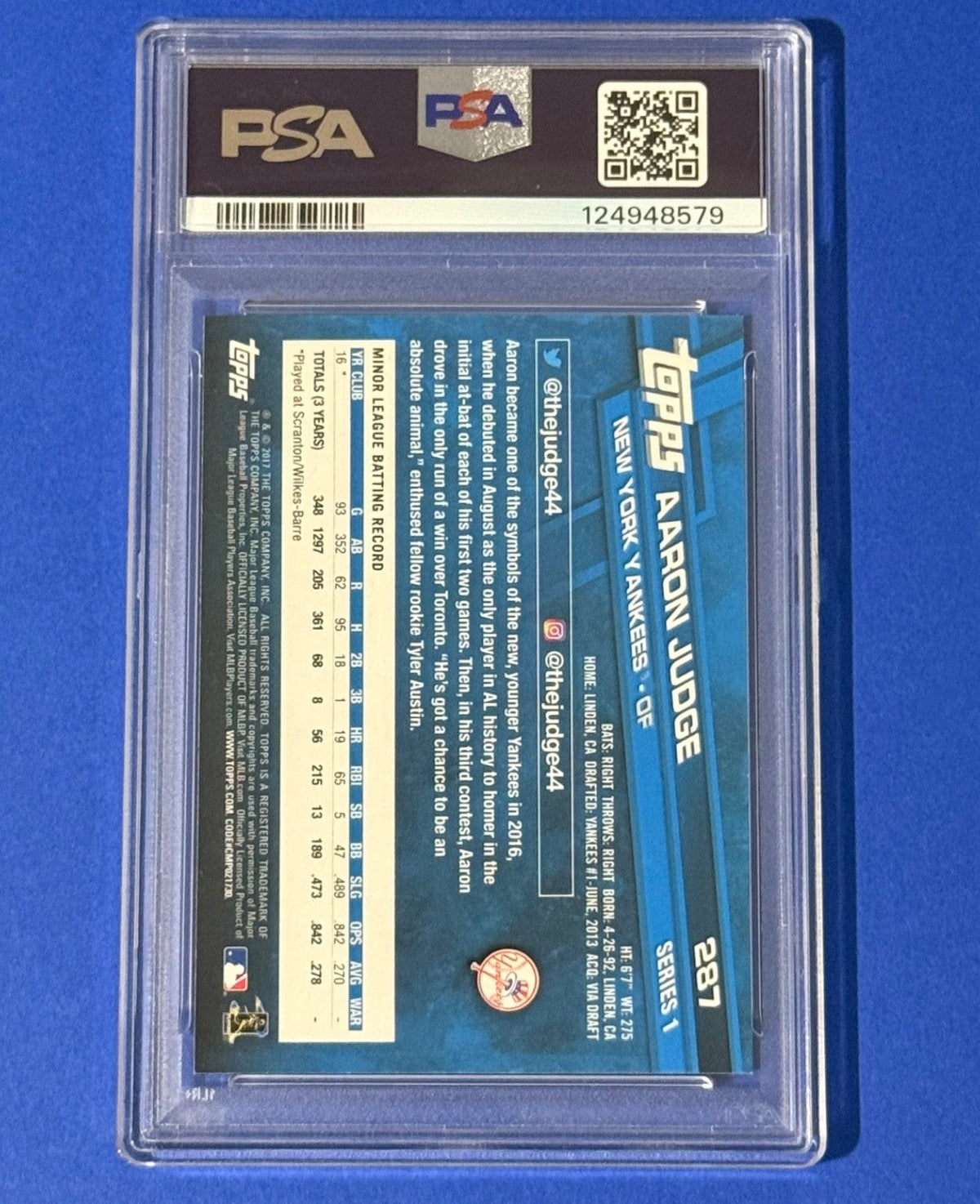 2017 Aaron Judge — Topps [Base] — PSA 9 — back — Inventory P128-A
