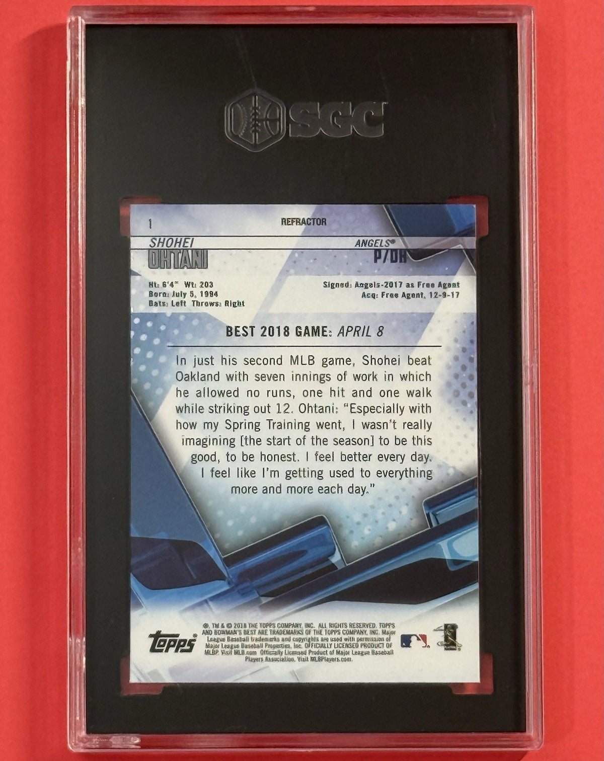 2018 Shohei Ohtani — Bowman's Best [Refractor] — SGC 9.5 — back — Inventory P592-B