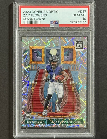 2023 Zay Flowers — Donruss Optic Downtown — PSA 10 — front — Inventory P596-D