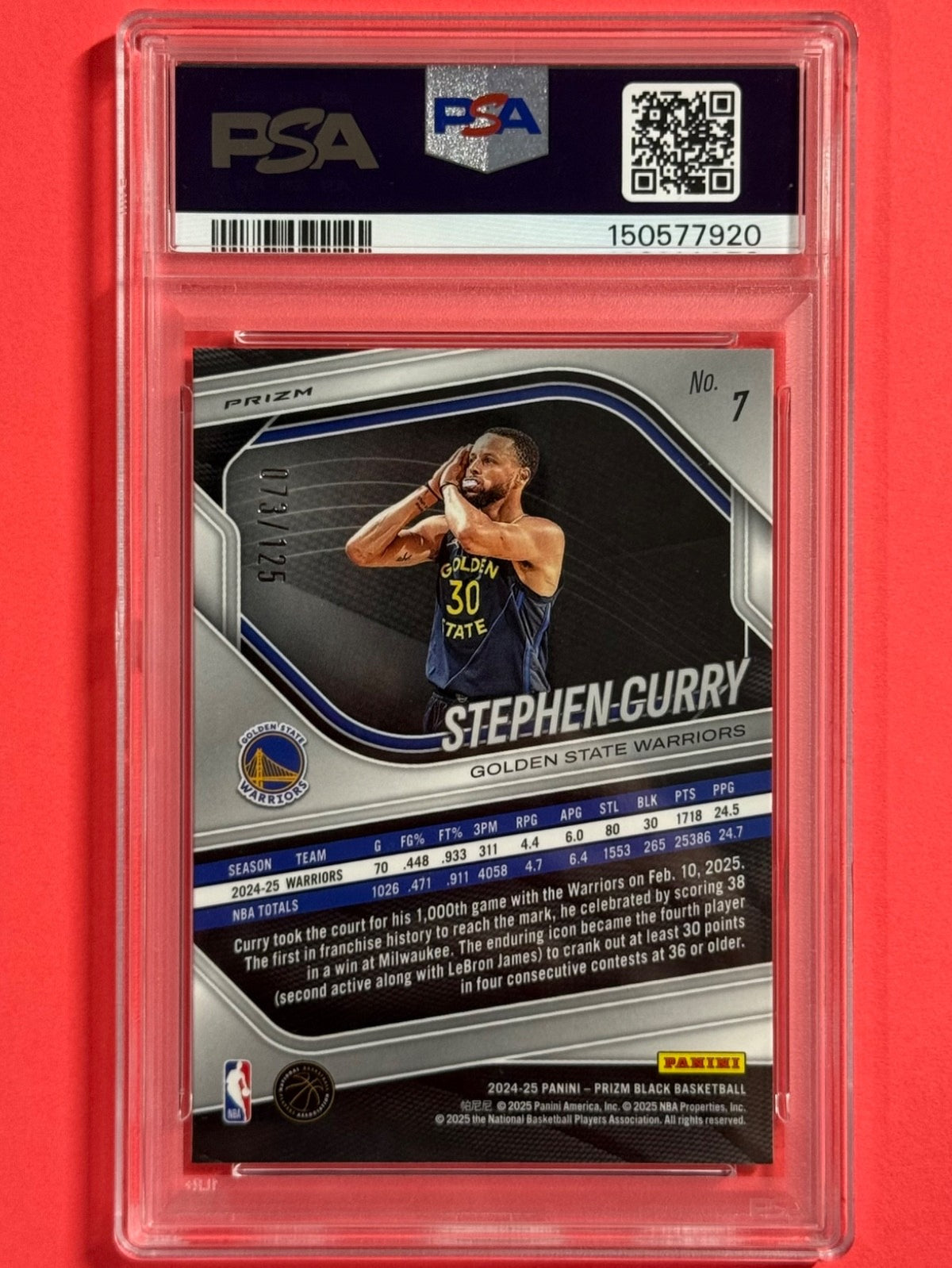 2024-25 Stephen Curry — Prizm Black [Blue Ice] — PSA 10 — back — Inventory P597-B