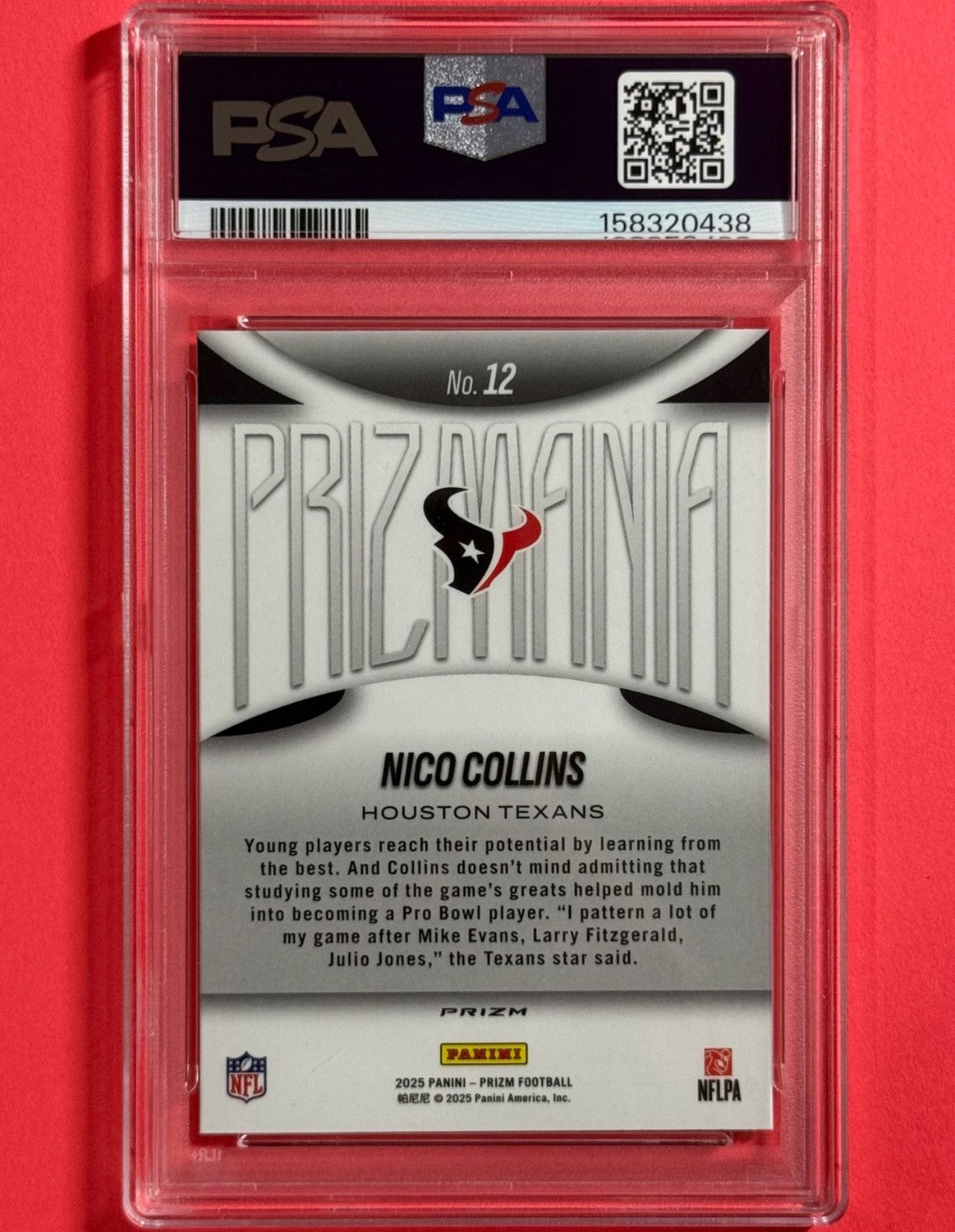 2025 Nico Collins — Prizm Prizmania [SSP / Case Hit] — PSA 9 — back — Inventory P133-A