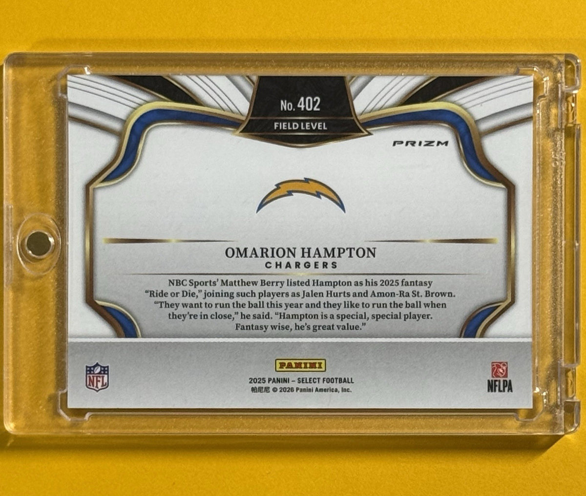 2025 Omarion Hampton — Select Field Level [Zebra Prizm] — back — Inventory P592-D