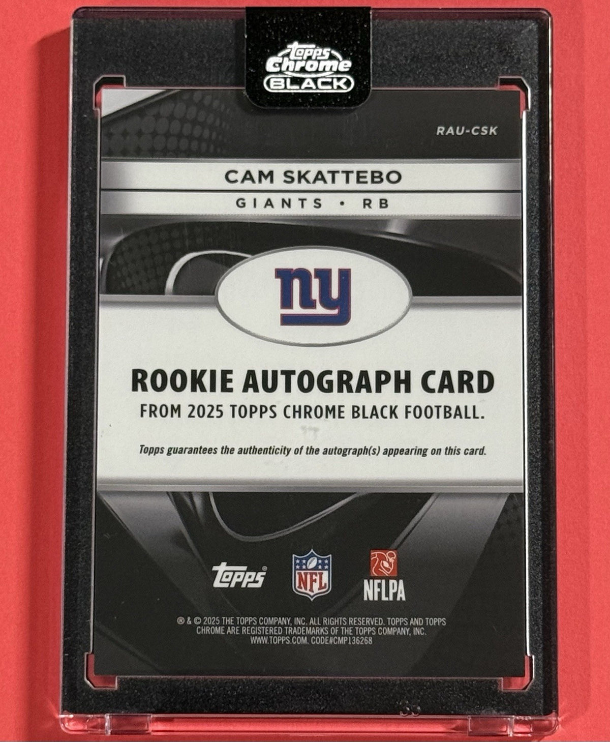 2025 Cam Skattebo — Chrome Black Rookie Autograph — back — Inventory P594-D
